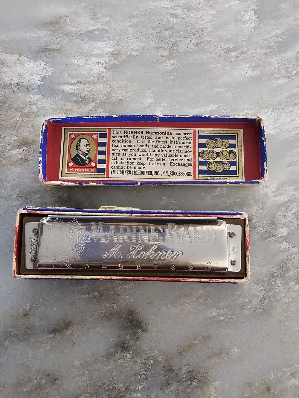 Pre-War Hohner Marine Band 1896 Harmonica Key A A440 Mouse Ear 6-Point Star Box